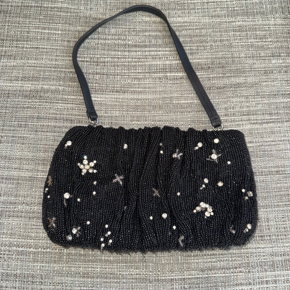 STAUD Black Beaded Star-Embellished Evening Pouch Shoulder Bag